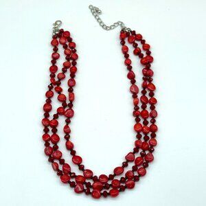 Natural Stone Red Triple Layer Necklace Glass Faceted & Black Spacer Beads 16"